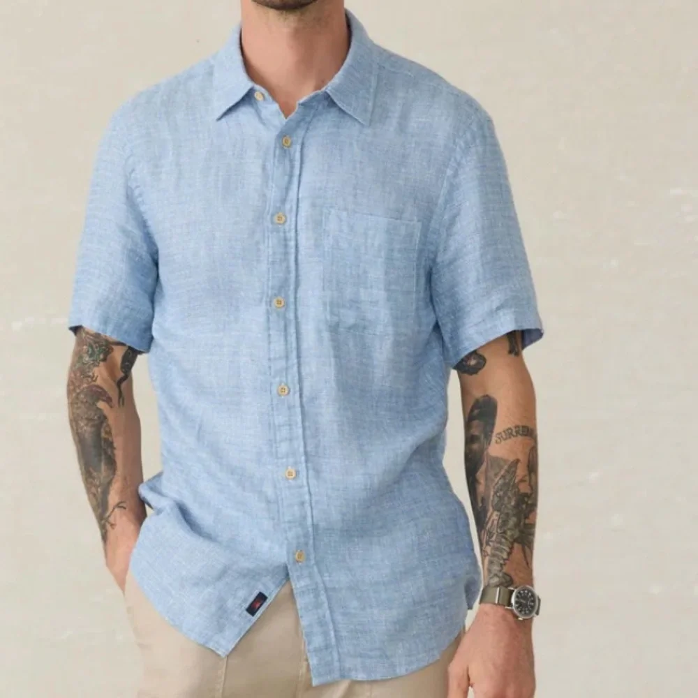 Faherty Short Sleeve Palma Linen Shirt Blue Basketweave XL - Picture 5 of 6